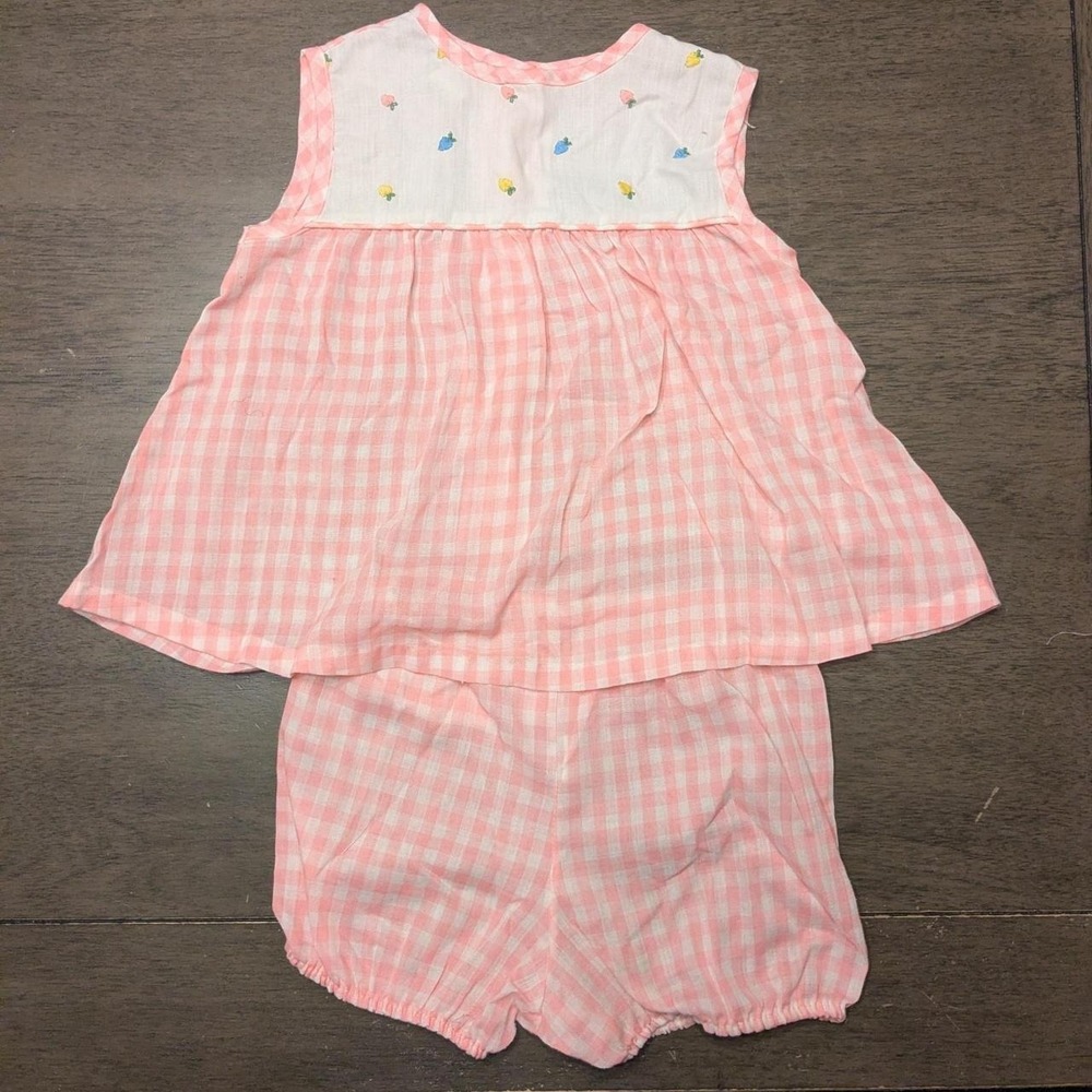vintage gingham cottagecore baby girl outfit with embroidered strawberries